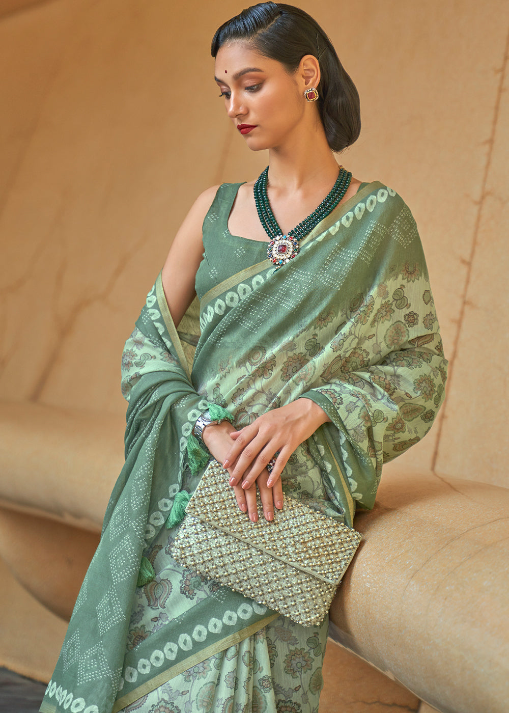 Bitter Green Floral Printed Cotton Saree