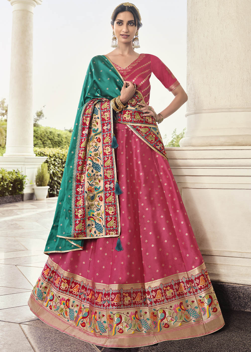 Rose Pink and Green Banarasi Silk Lehenga Choli