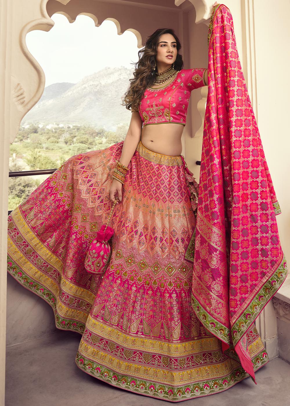 Jelly Bean Pink Banarasi Silk Lehenga Choli