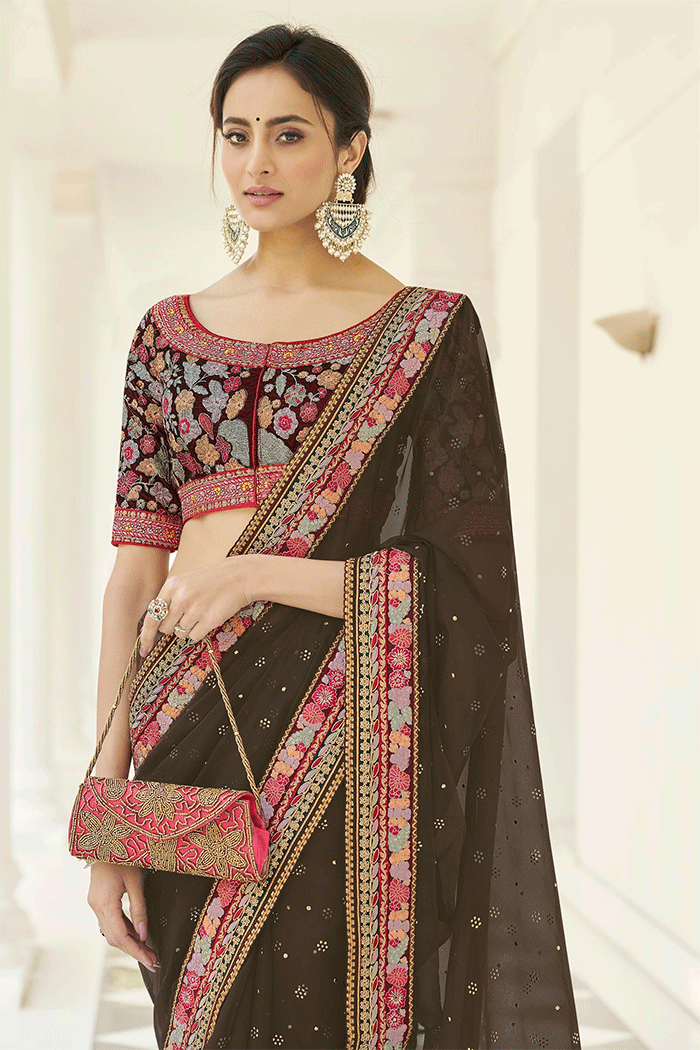 Lisbon Brown Organza Partywear Saree