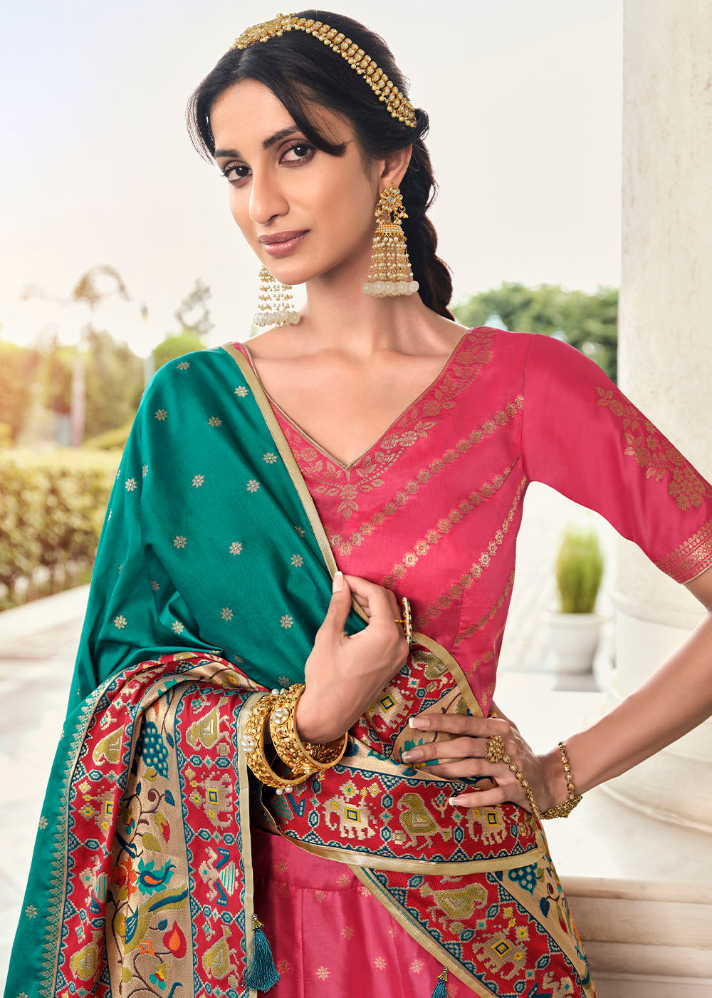 Rose Pink and Green Banarasi Silk Lehenga Choli