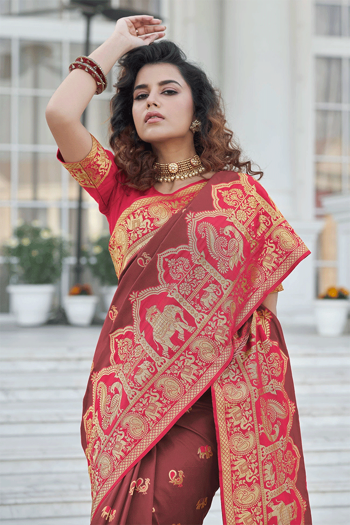 Lotus Brown and Red Zari Woven Banarasi Saree