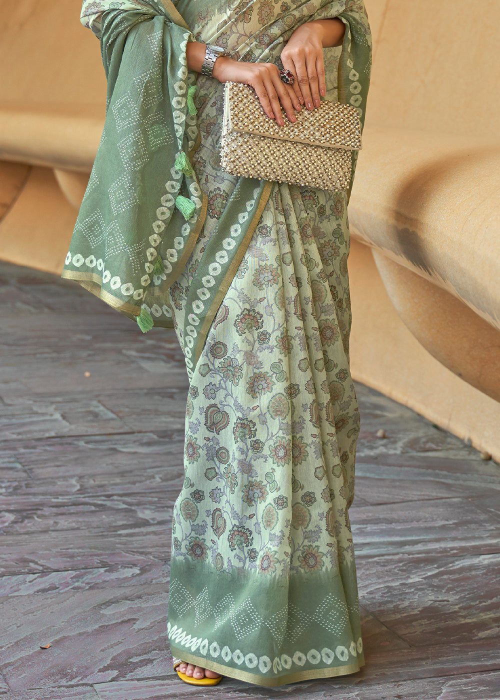 Bitter Green Floral Printed Cotton Saree