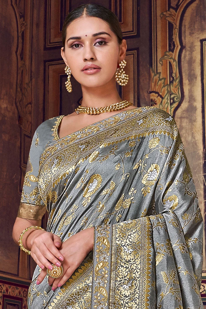 Oslo Grey Woven Designer Banarasi Saree