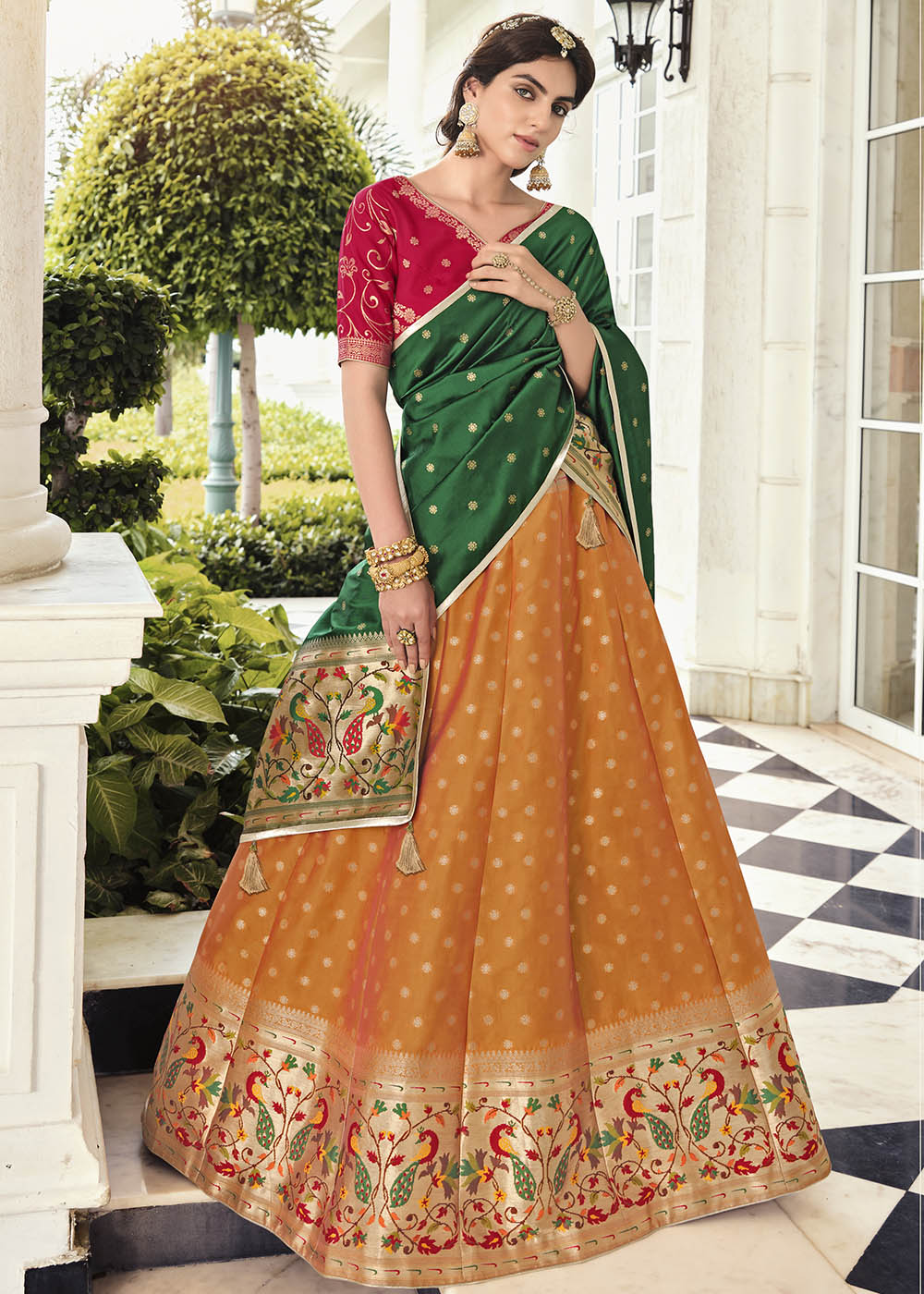 Koromiko Yellow and Green Banarasi Silk Lehenga Choli