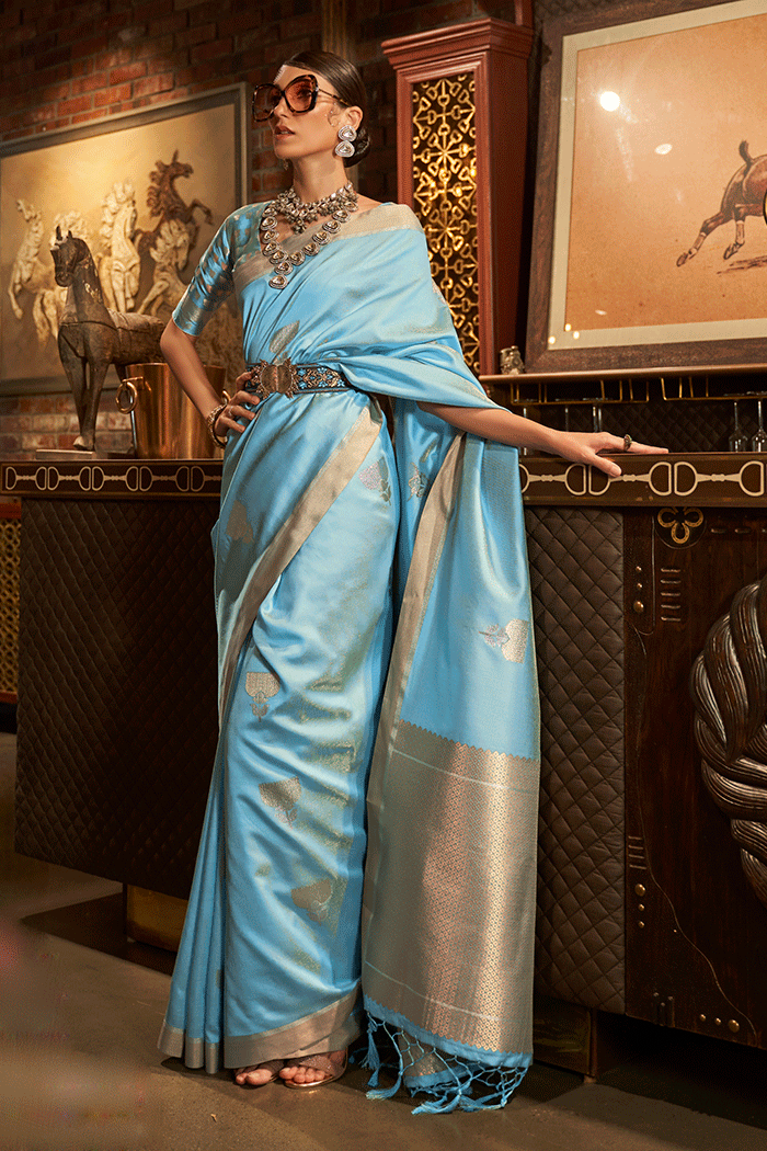 Shadow Blue Zari Woven Banarasi Satin Silk Saree