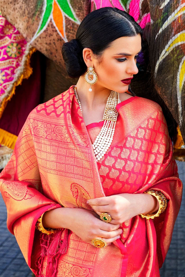 Hot Pink Woven Kanjivaram Saree