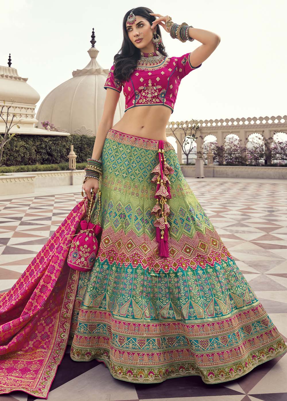 Locust Green and Pink Banarasi Silk Lehenga Choli