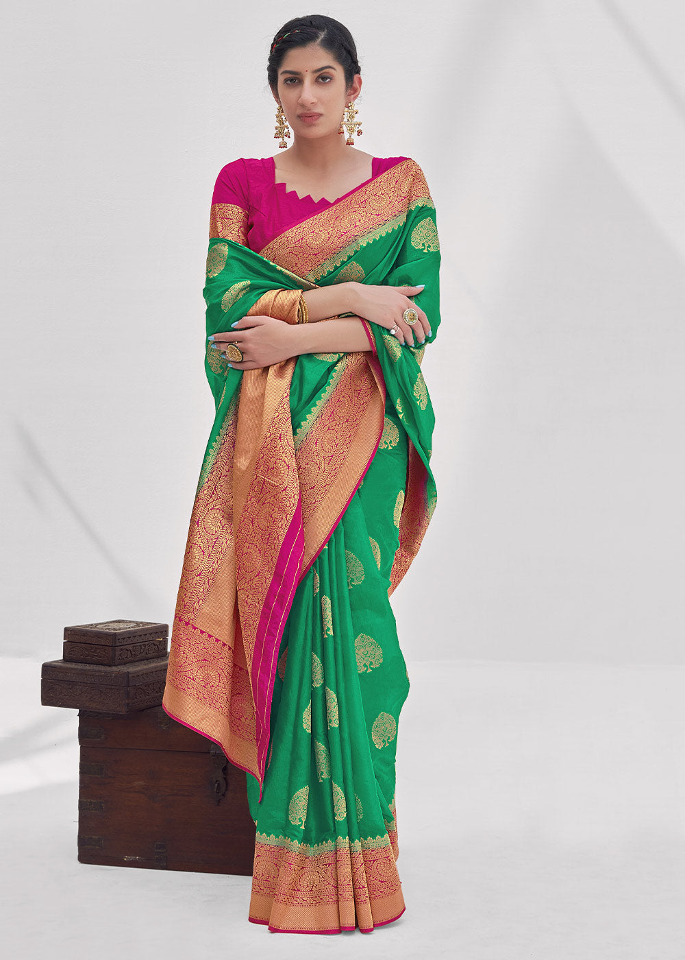 Aqua Forest Green Zari Woven Organza Silk Saree