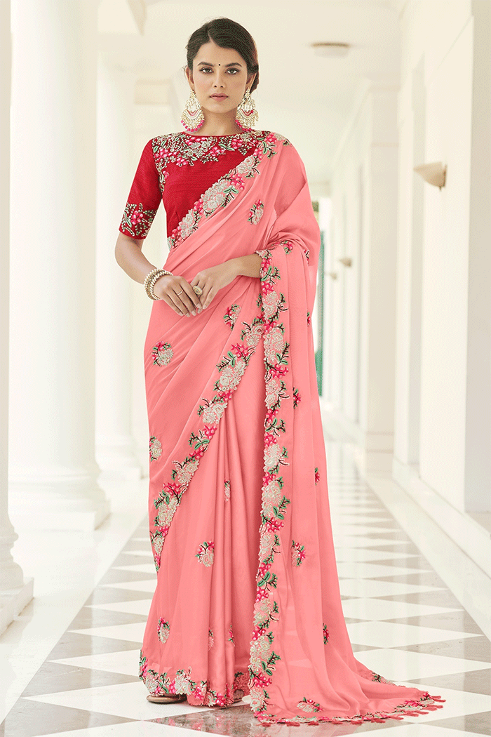 Froly Pink and Red Georgette Partywear Saree