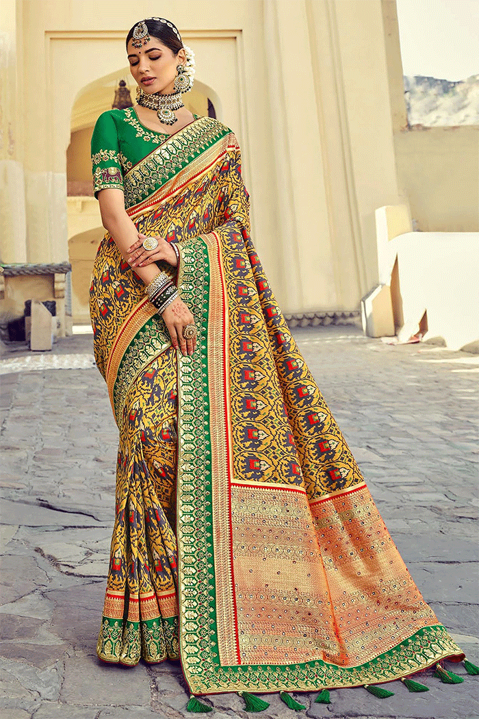 Aztec Gold Yellow and Green Zari Woven Patola Saree with Designer Blouse