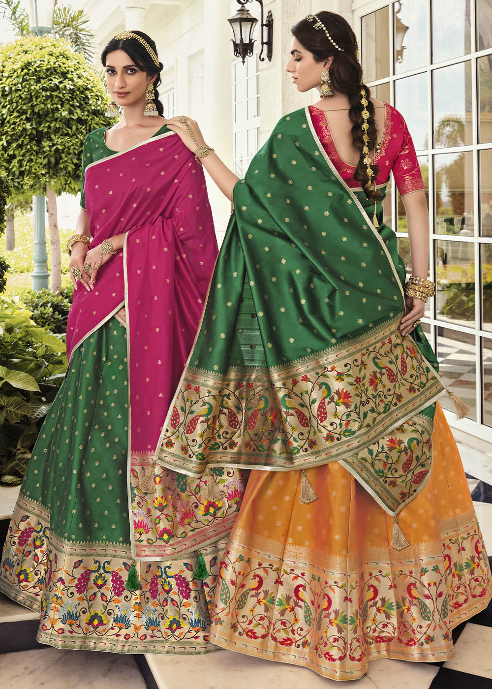 Koromiko Yellow and Green Banarasi Silk Lehenga Choli