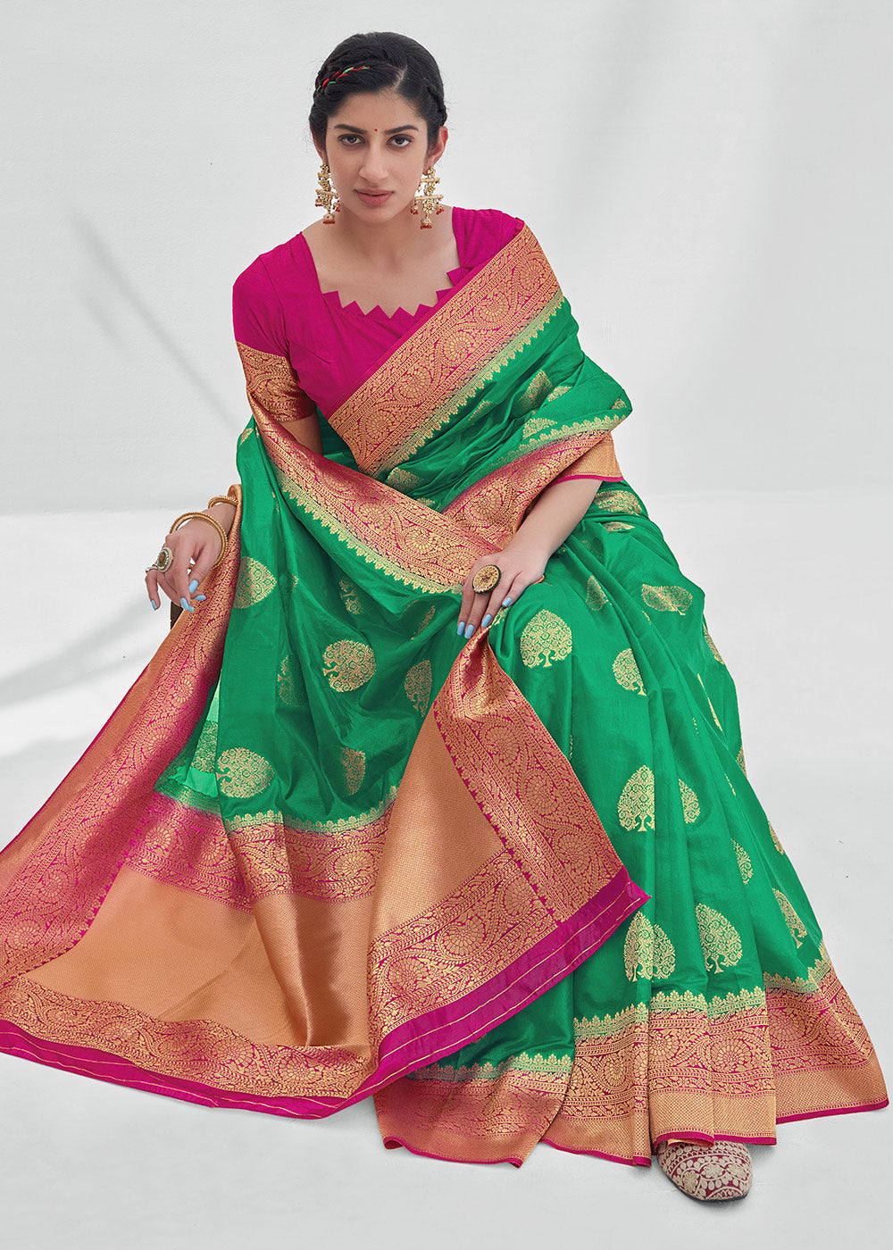 Aqua Forest Green Zari Woven Organza Silk Saree