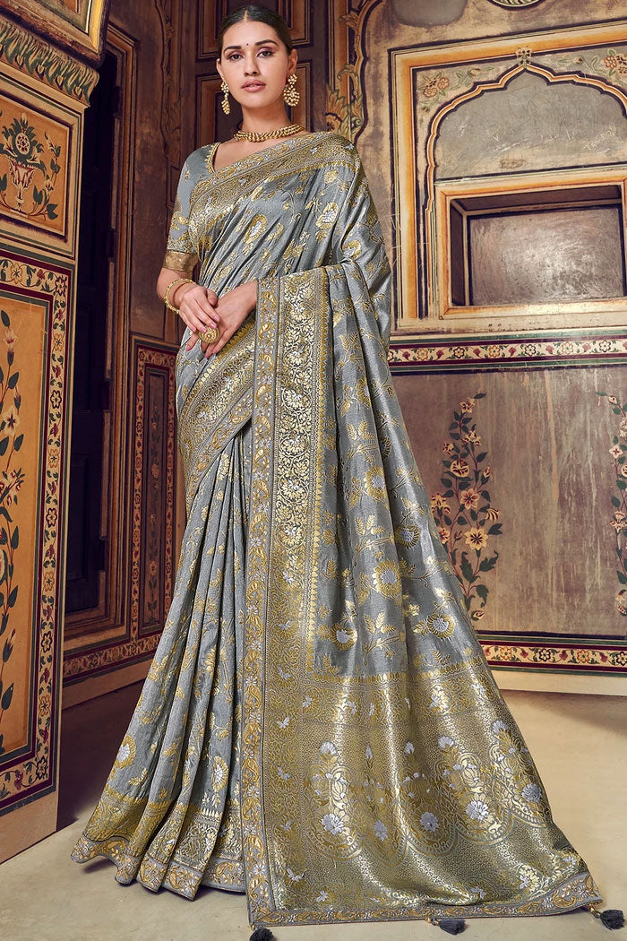 Oslo Grey Woven Designer Banarasi Saree