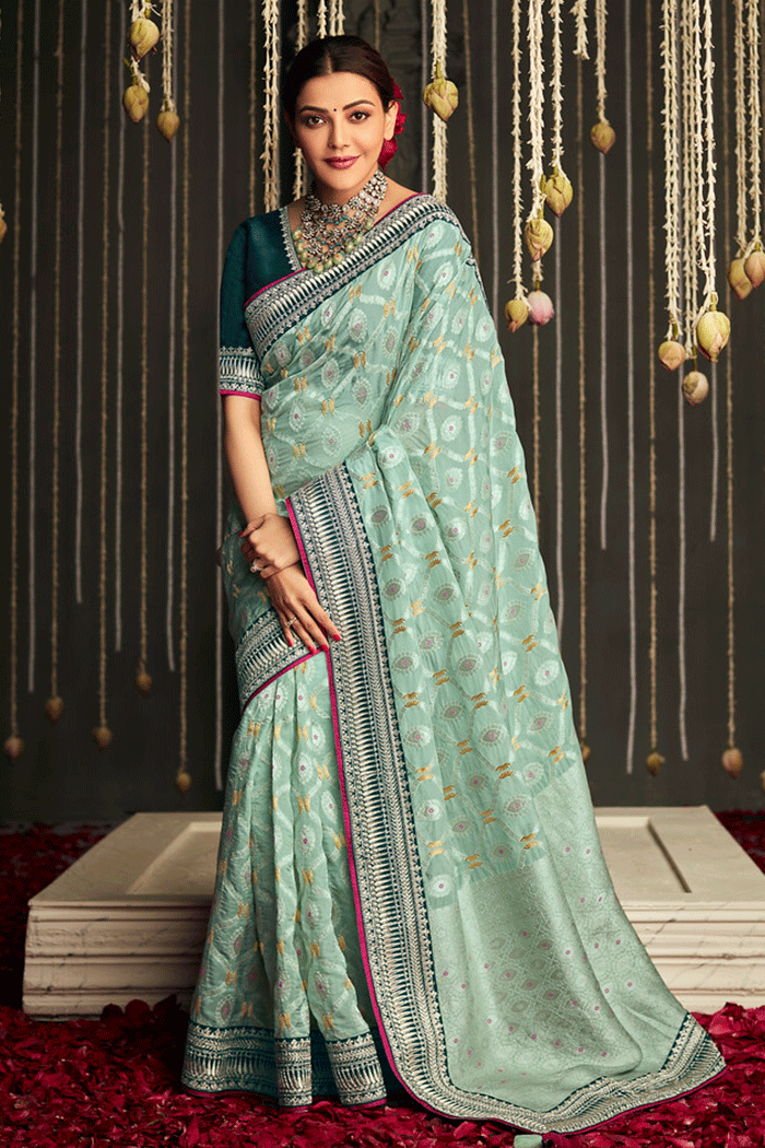 Edgewater Blue Zari Woven Designer Banarasi Saree