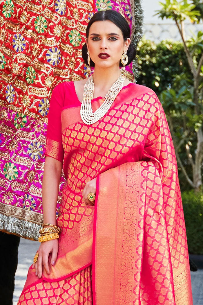 Hot Pink Woven Kanjivaram Saree