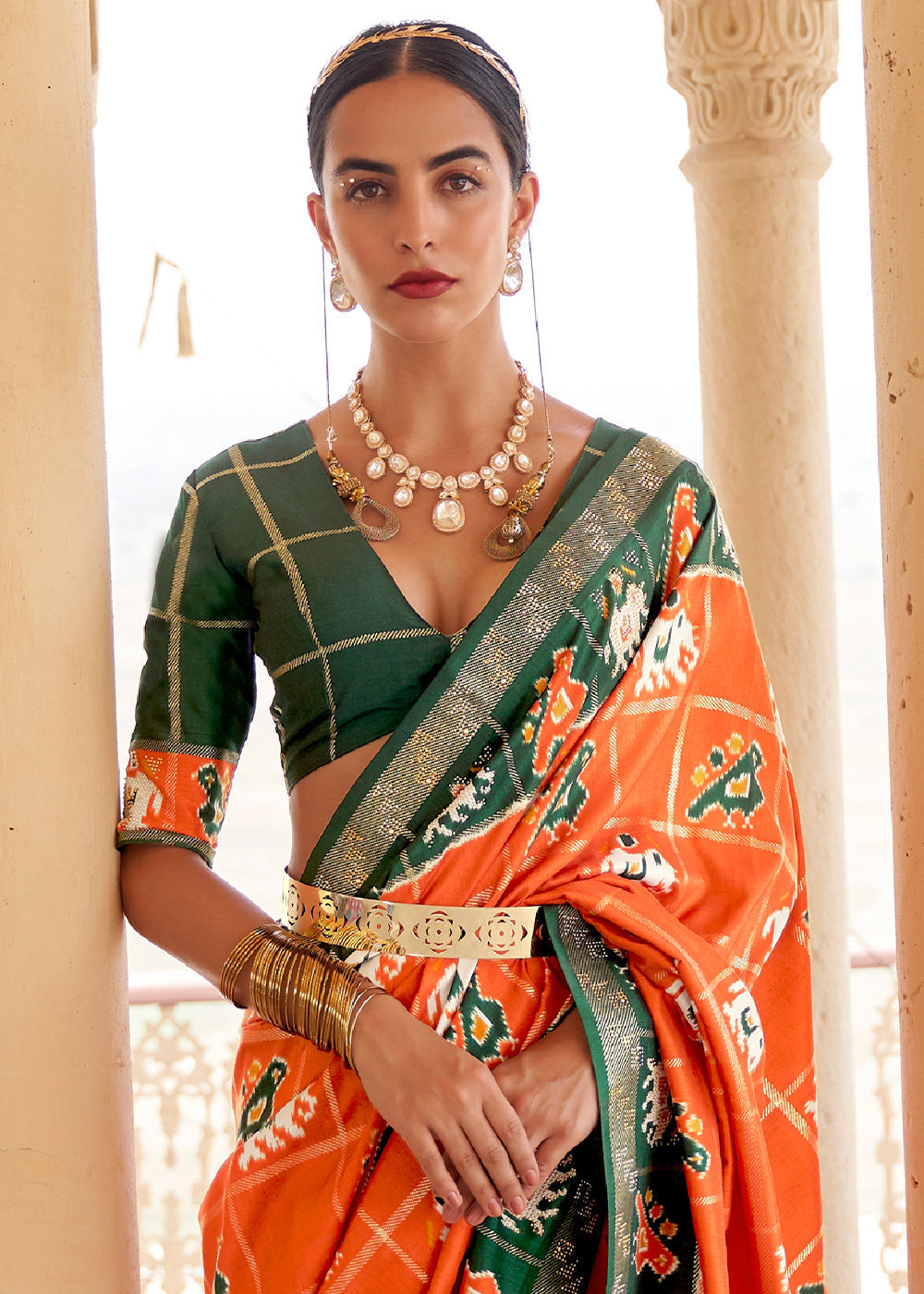 Serria Orange and Green Printed Patola Silk Saree