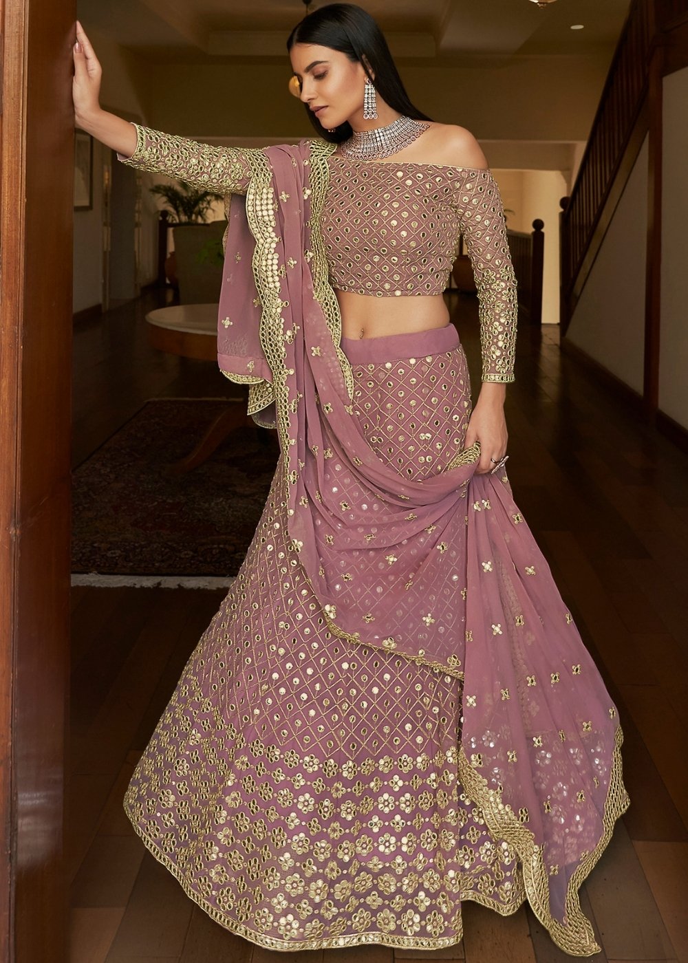 Copper Light Purple Georgette Lehenga Choli