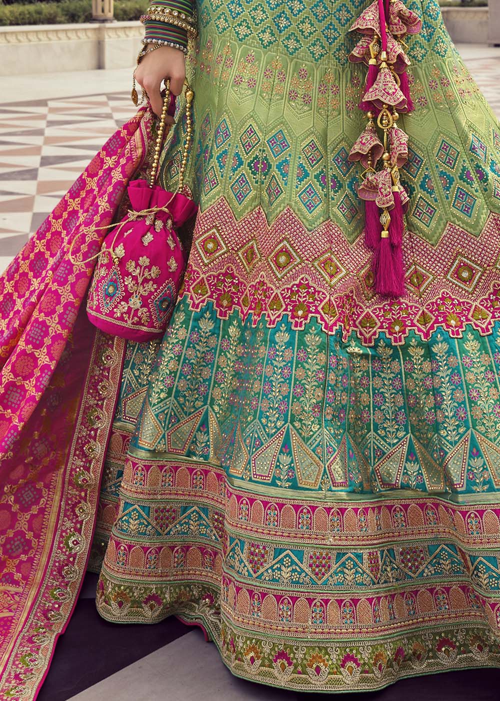 Locust Green and Pink Banarasi Silk Lehenga Choli