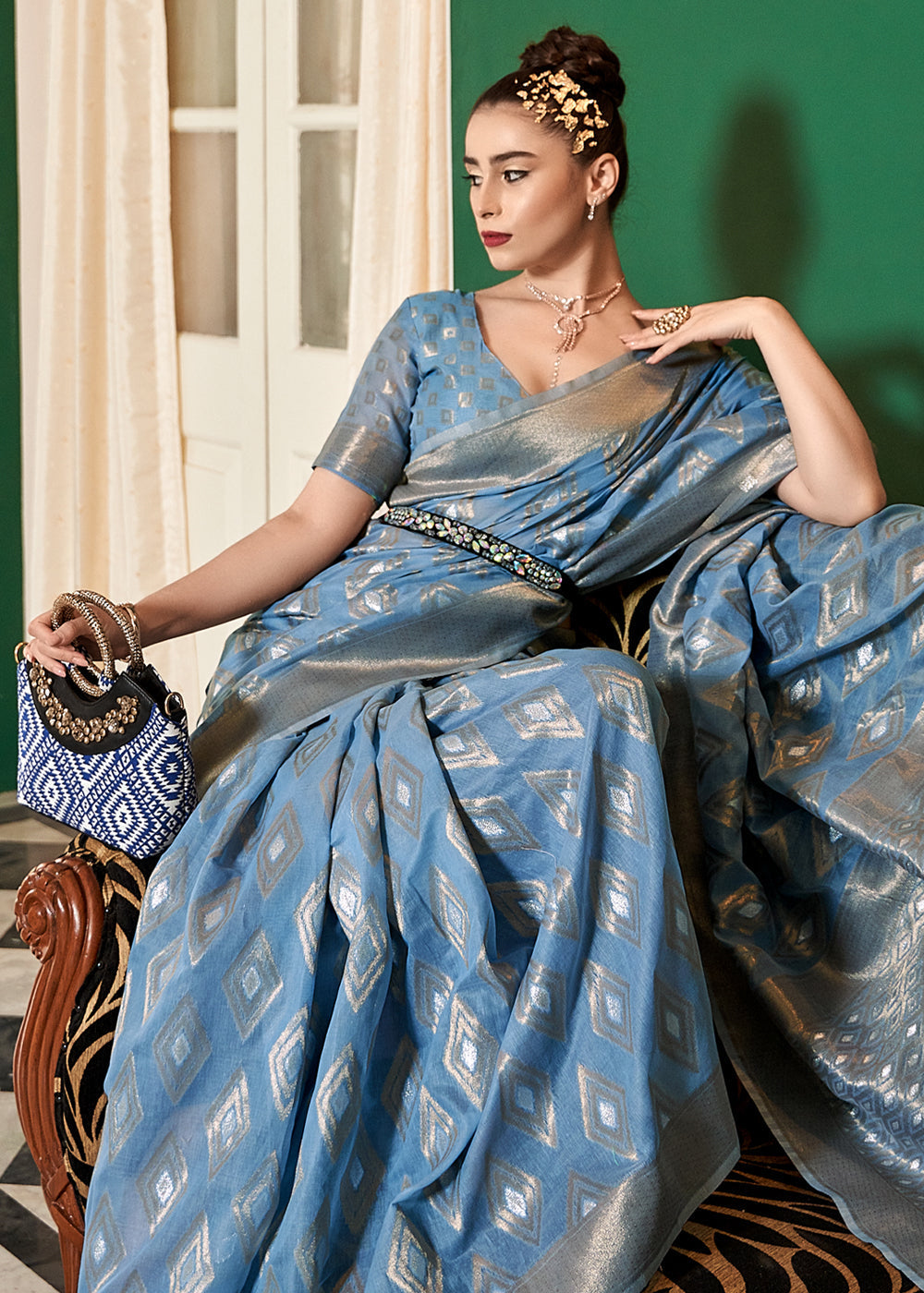 Polo Blue Woven Banarasi Cotton Modal Silk Saree