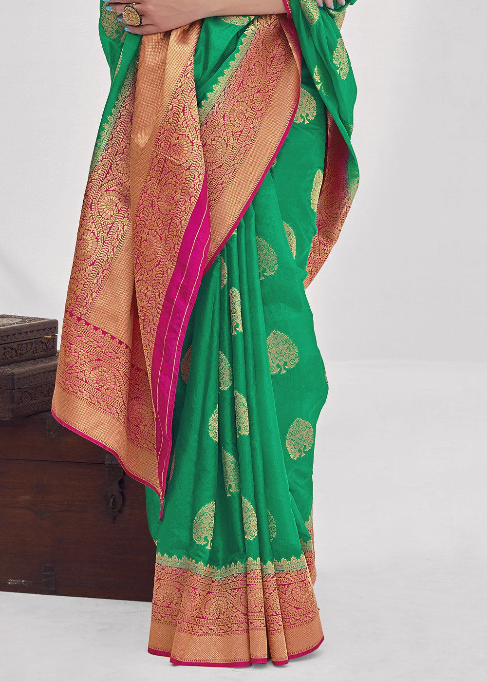 Aqua Forest Green Zari Woven Organza Silk Saree