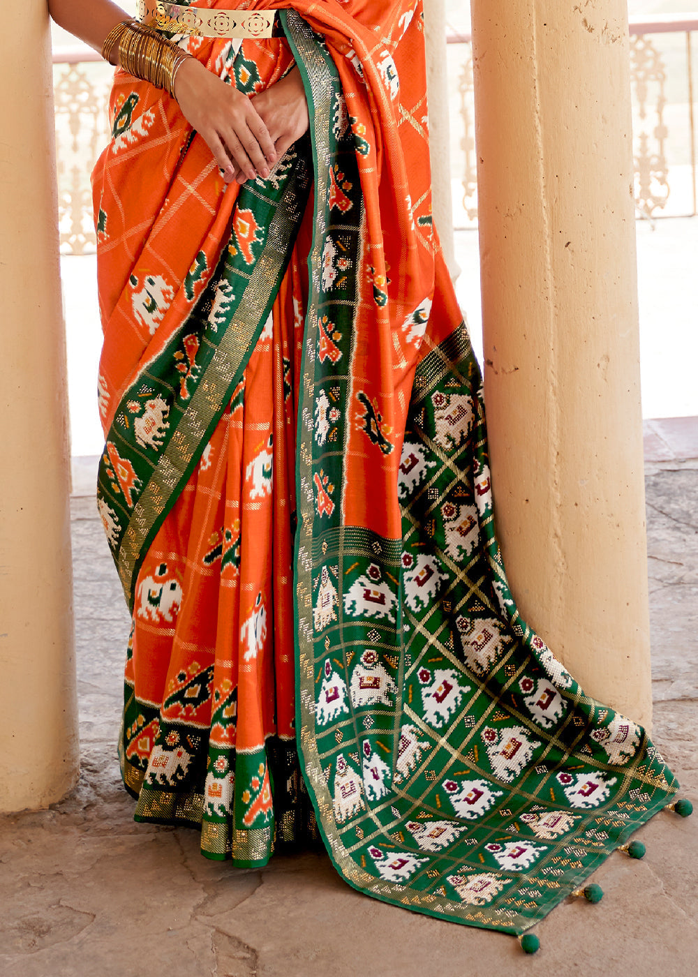 Serria Orange and Green Printed Patola Silk Saree