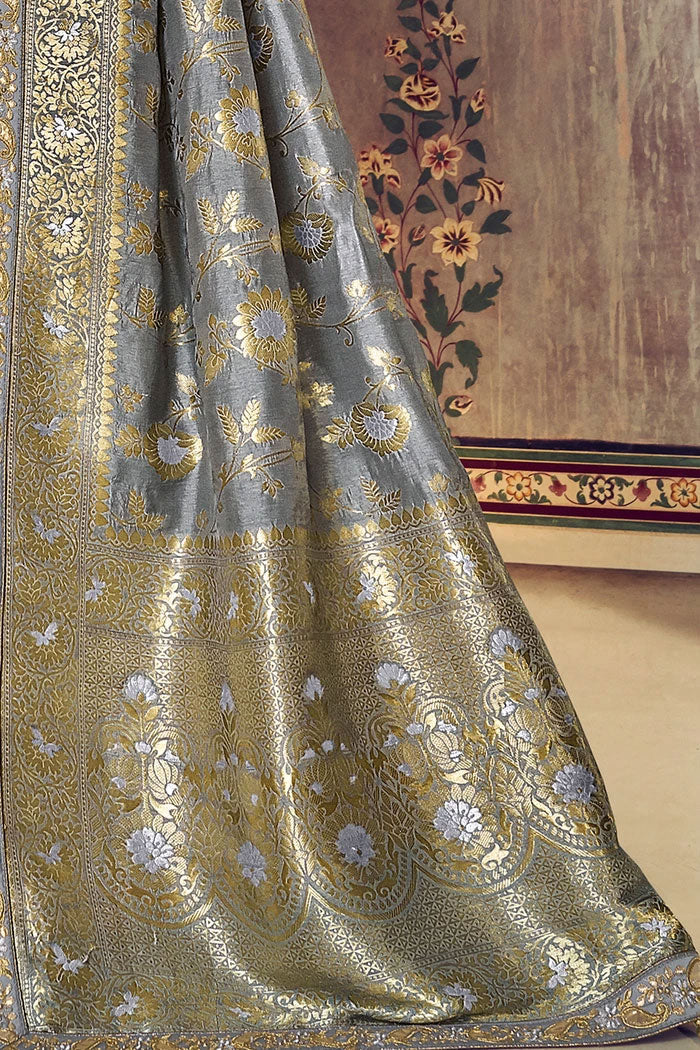 Oslo Grey Woven Designer Banarasi Saree