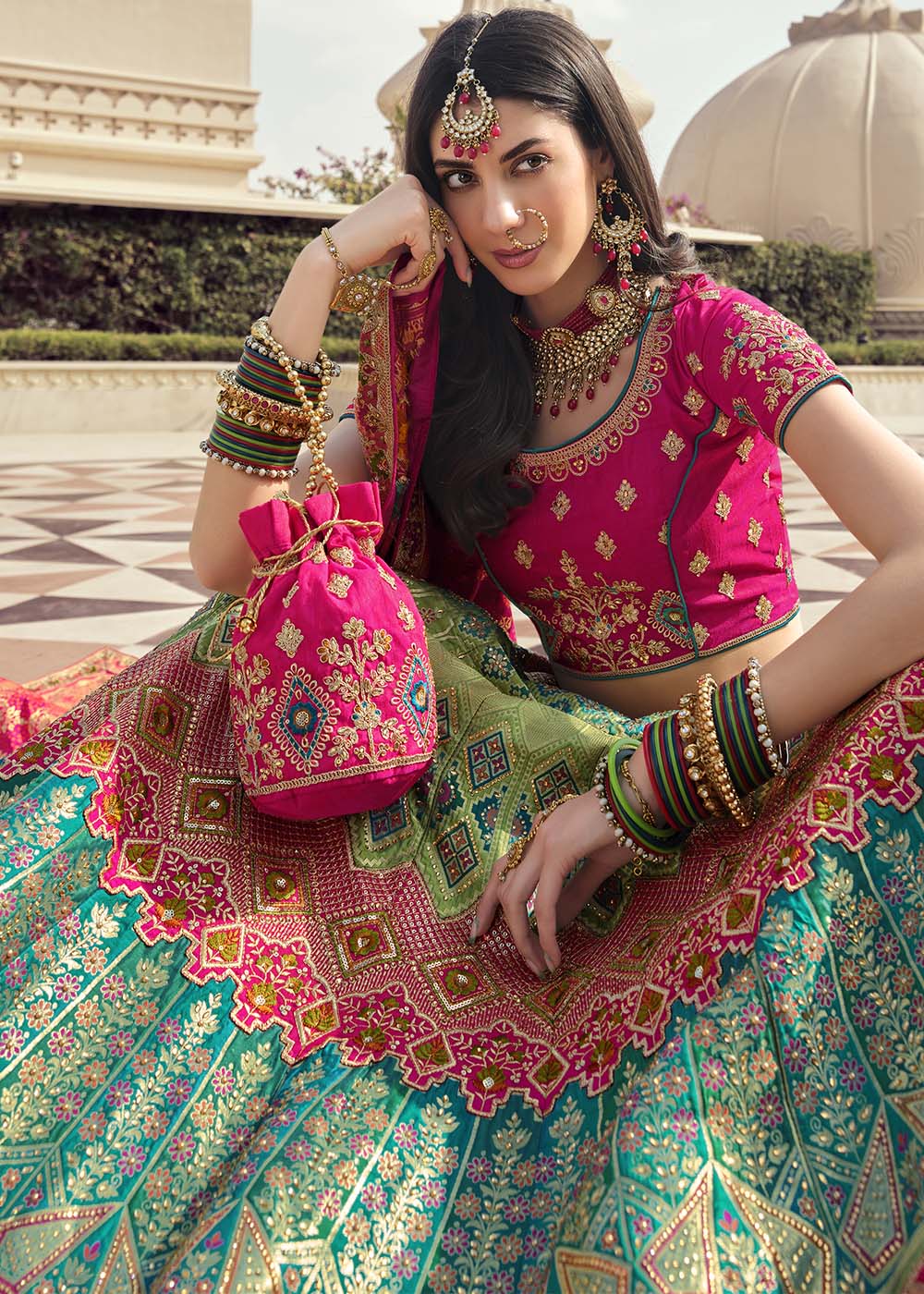 Locust Green and Pink Banarasi Silk Lehenga Choli