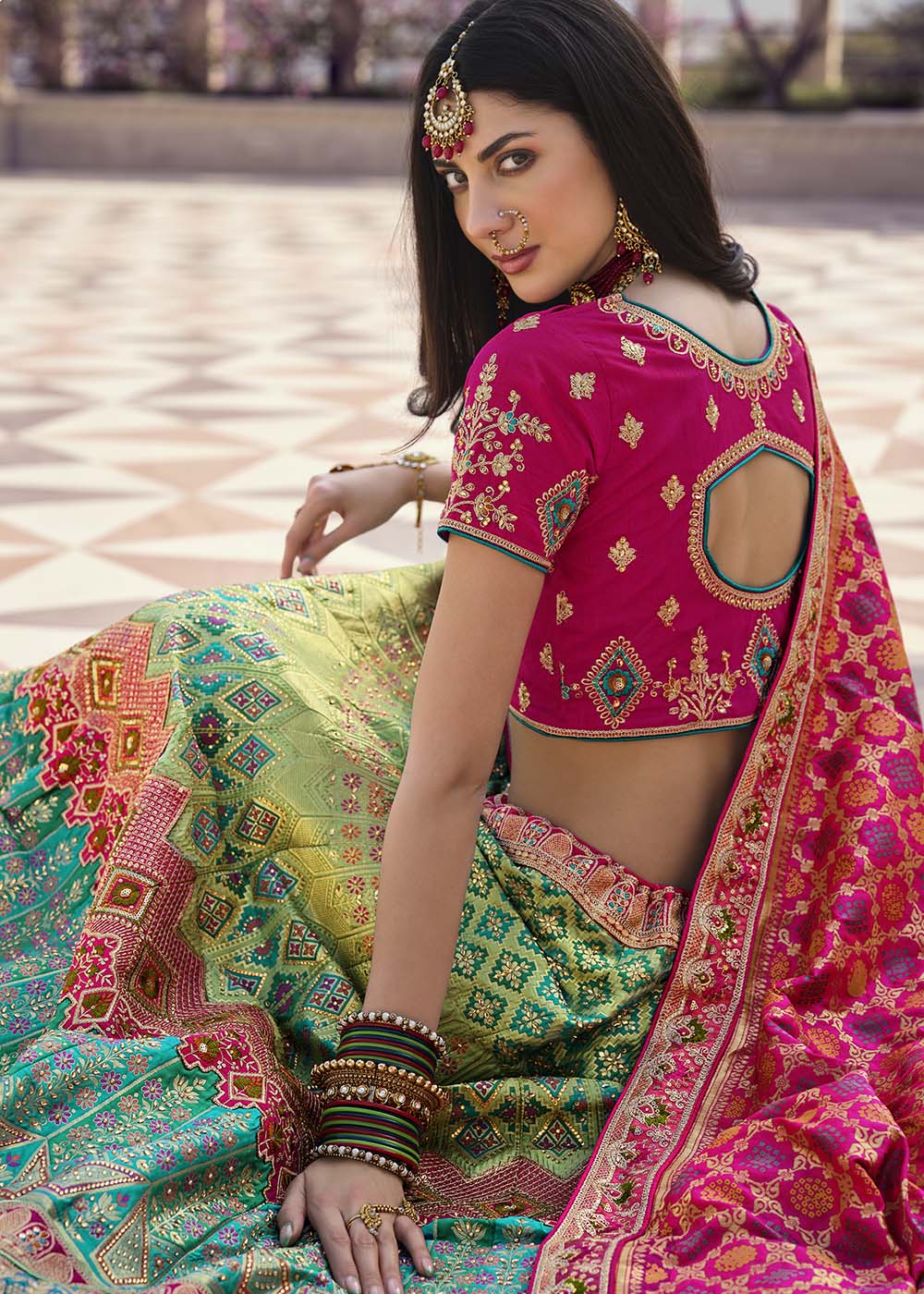 Locust Green and Pink Banarasi Silk Lehenga Choli