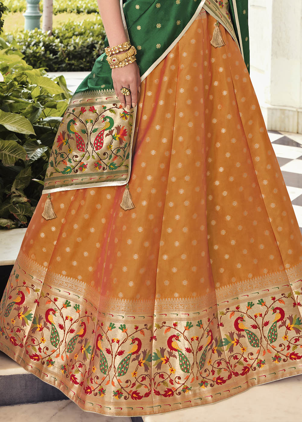 Koromiko Yellow and Green Banarasi Silk Lehenga Choli