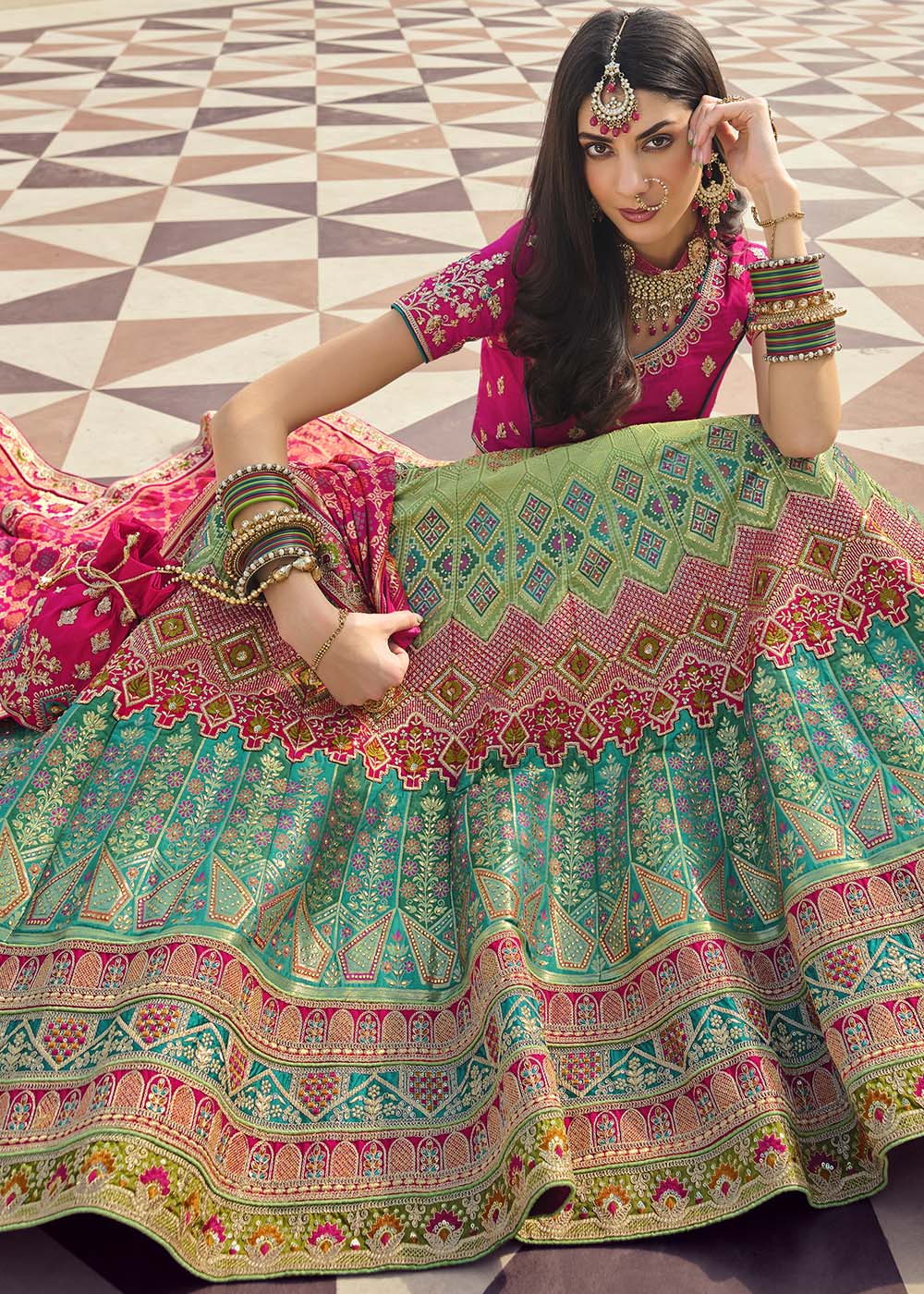 Locust Green and Pink Banarasi Silk Lehenga Choli