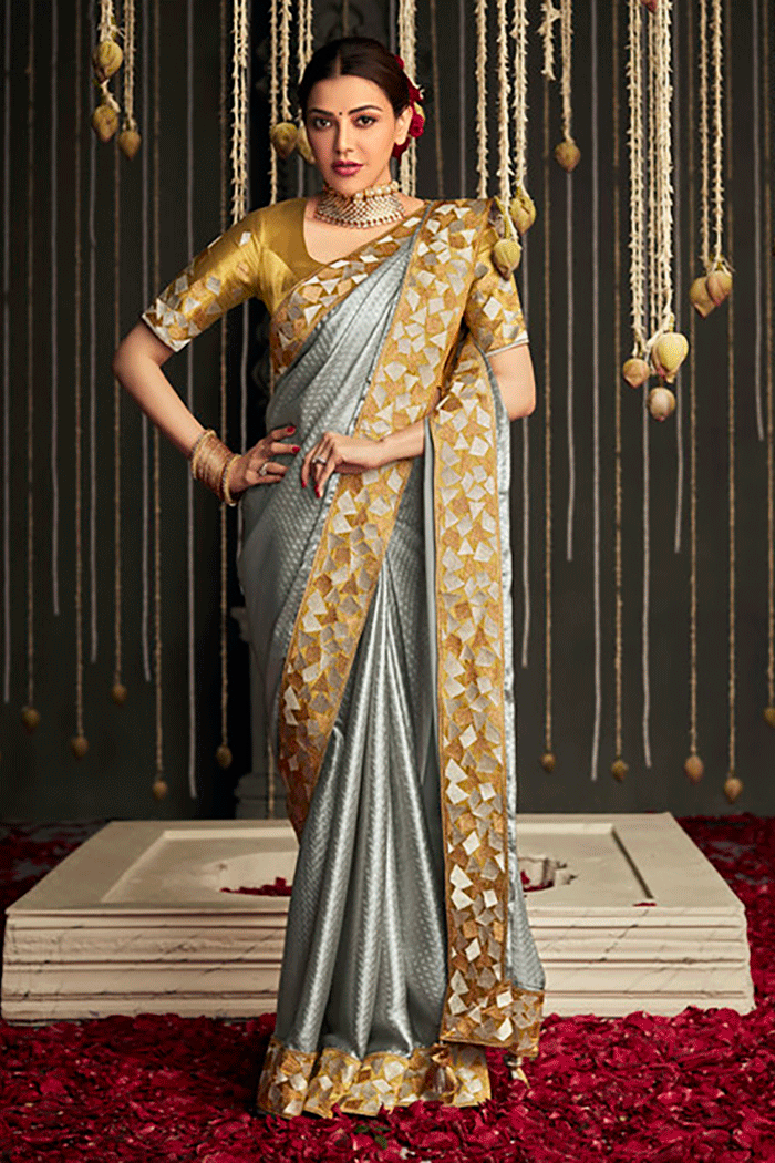 Smokey Grey Zari Woven Designer Banarasi Saree