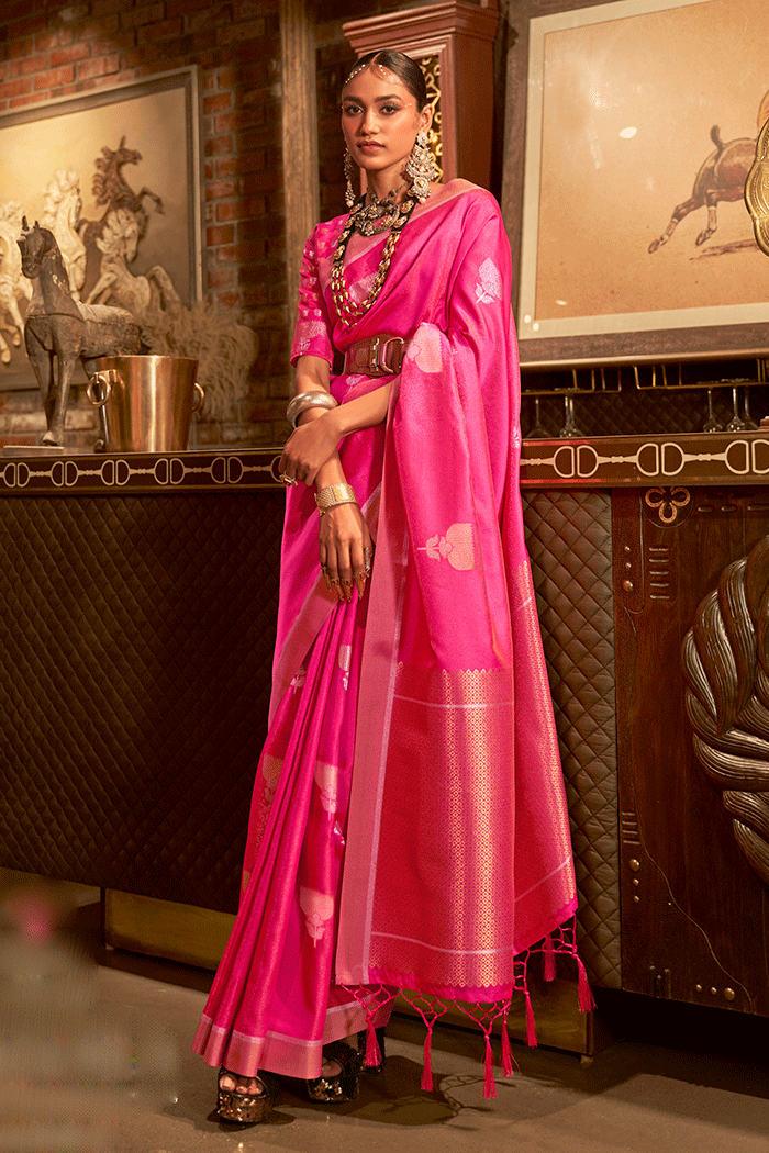 Jasper Pink Zari Woven Banarasi Satin Silk Saree