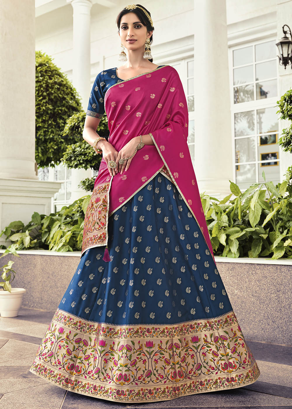 Biscay Blue and Pink Banarasi Silk Lehenga Choli