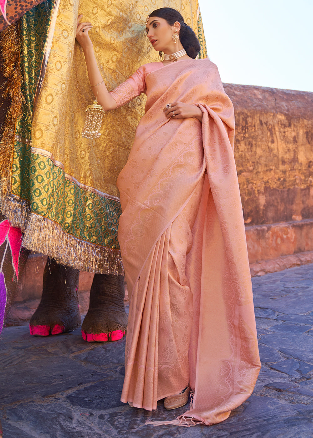 Apricot Peach kanjivaram Woven Silk Saree