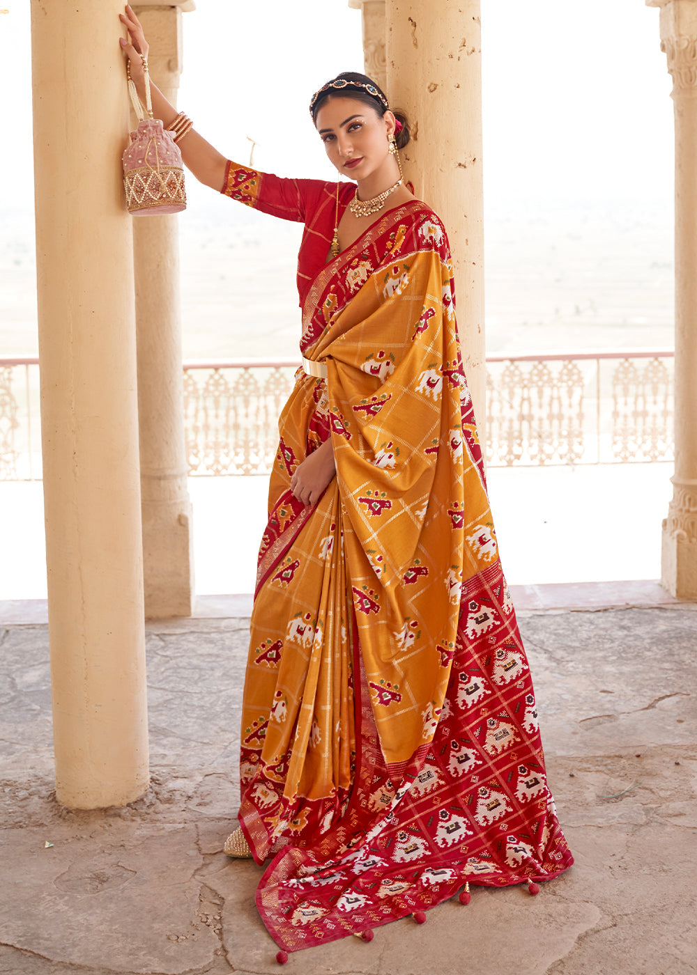 Golden Grass Yellow and Red Printed Patola Silk Saree