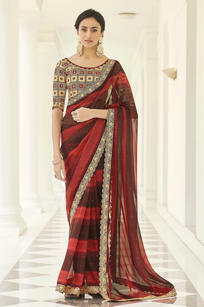 Carmine Maroon Organza Partywear Saree