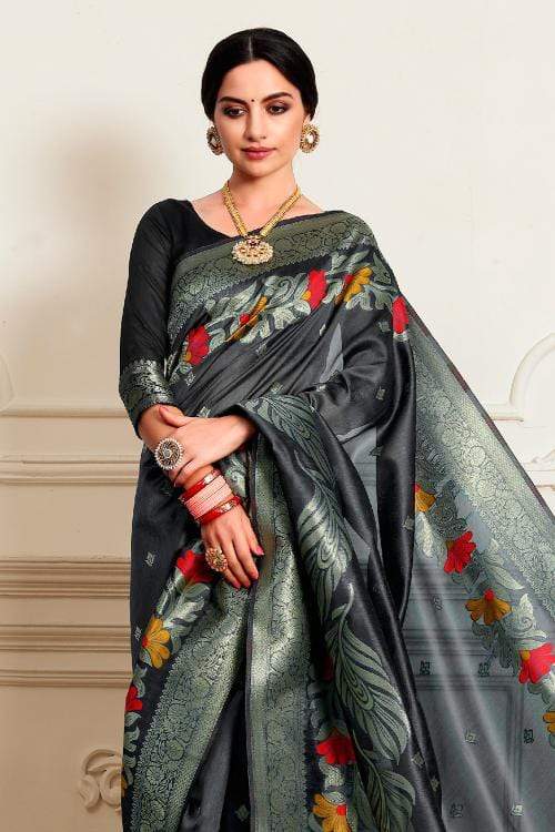 Baltic Sea Grey Zari Woven Chanderi Banarasi Saree