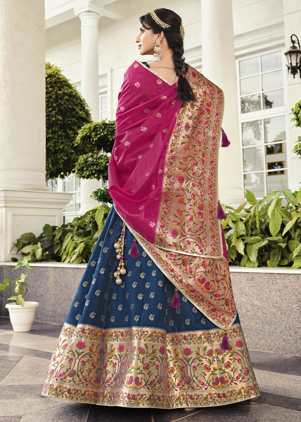 Biscay Blue and Pink Banarasi Silk Lehenga Choli