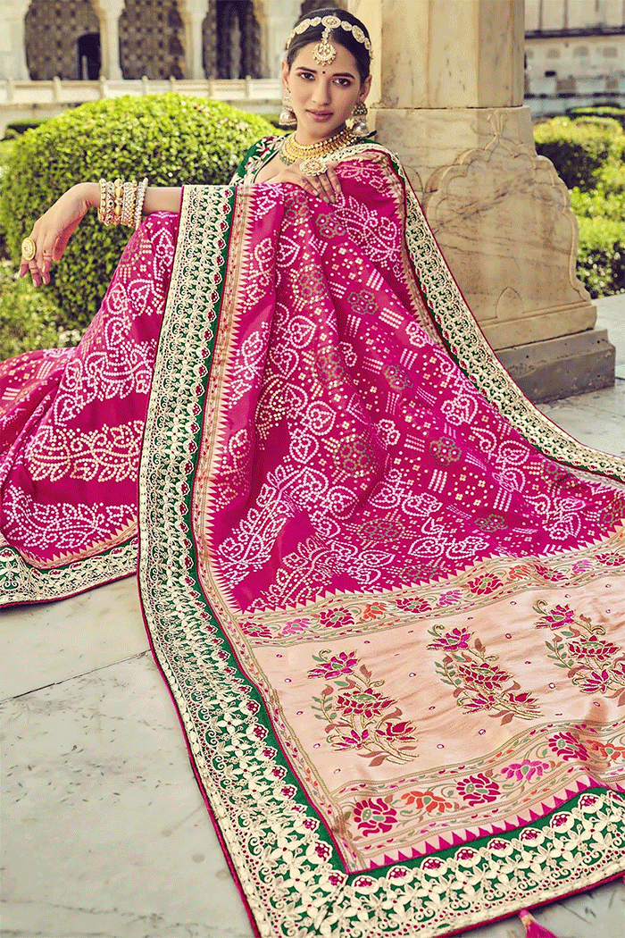 Mystic Pink and Green Zari Woven Patola Saree with Designer Blouse