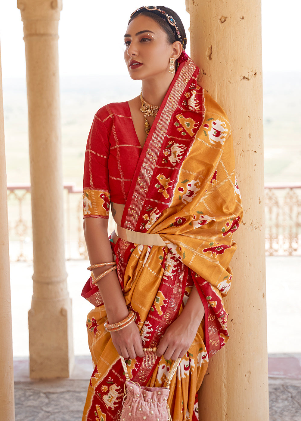 Golden Grass Yellow and Red Printed Patola Silk Saree