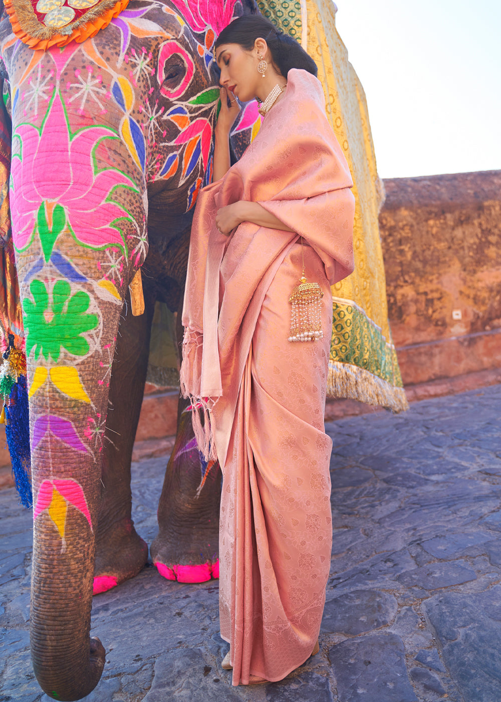 Apricot Peach kanjivaram Woven Silk Saree