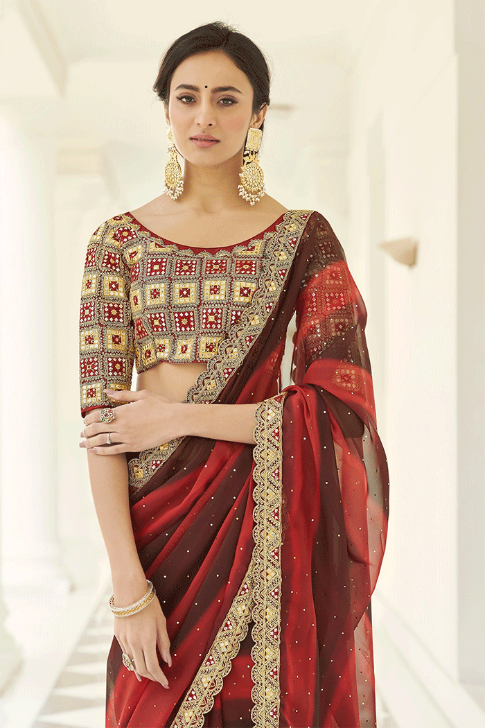 Carmine Maroon Organza Partywear Saree