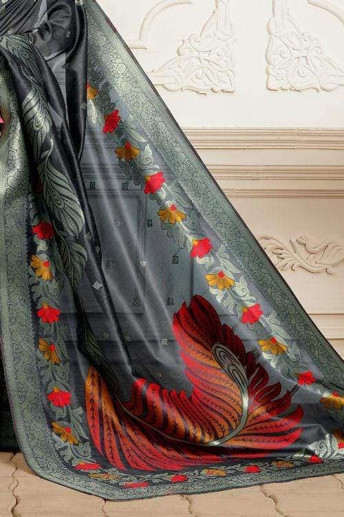 Baltic Sea Grey Zari Woven Chanderi Banarasi Saree