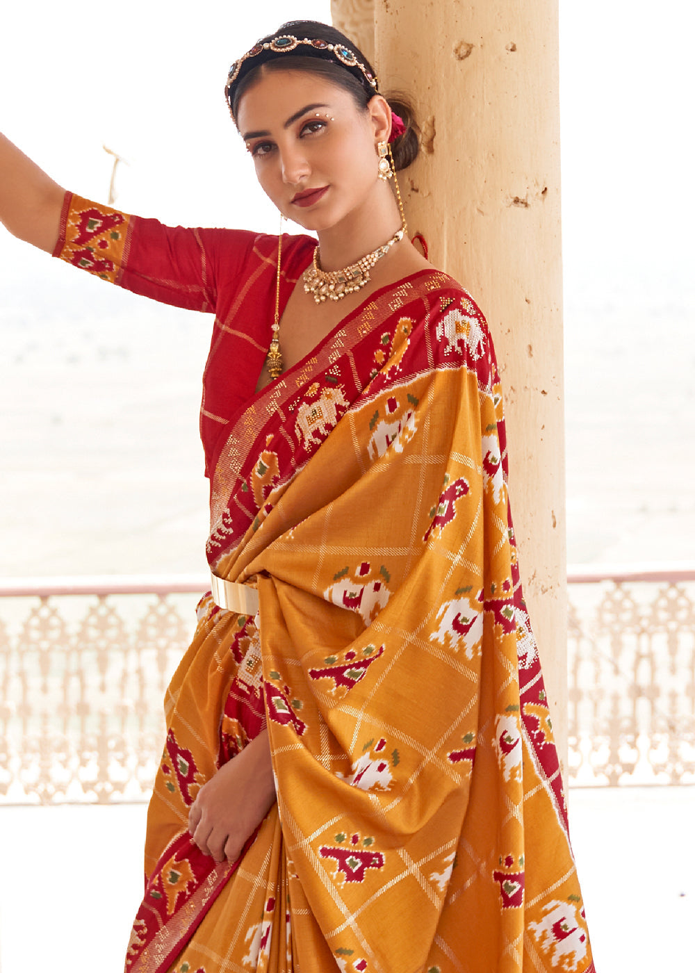 Golden Grass Yellow and Red Printed Patola Silk Saree