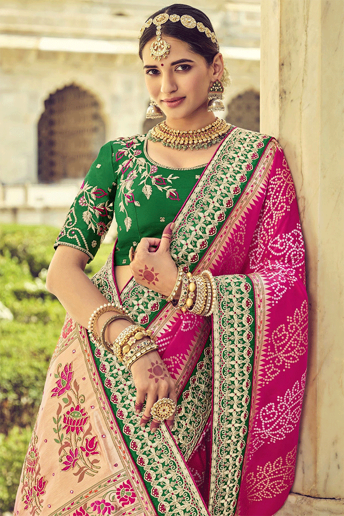 Mystic Pink and Green Zari Woven Patola Saree with Designer Blouse