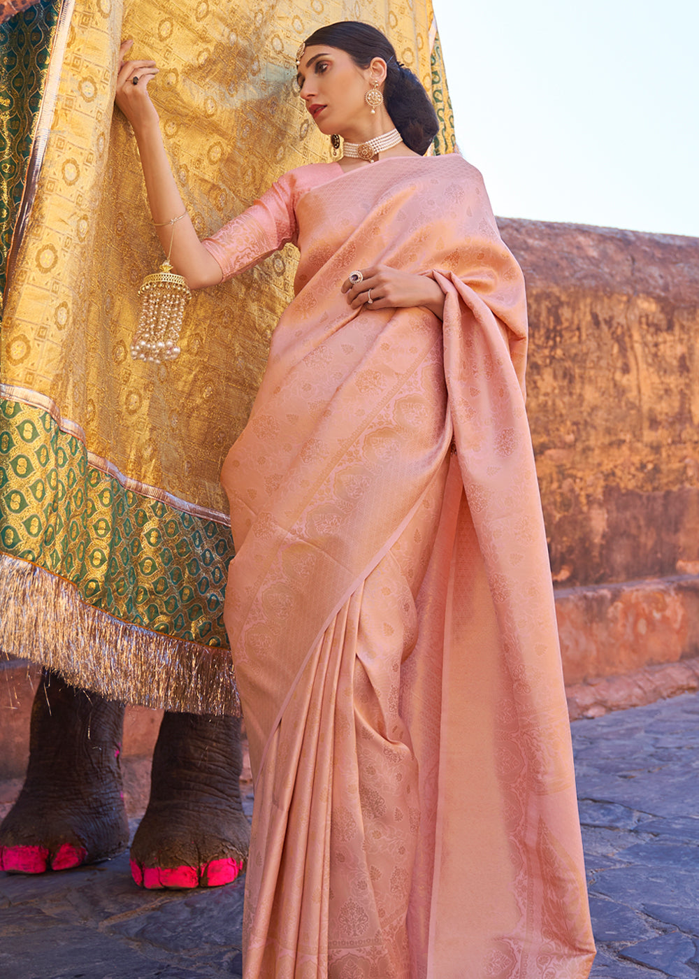 Apricot Peach kanjivaram Woven Silk Saree