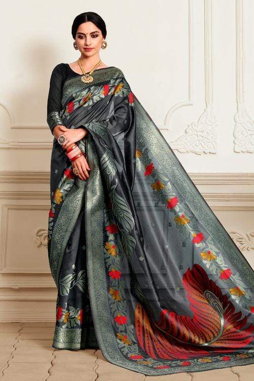 Baltic Sea Grey Zari Woven Chanderi Banarasi Saree