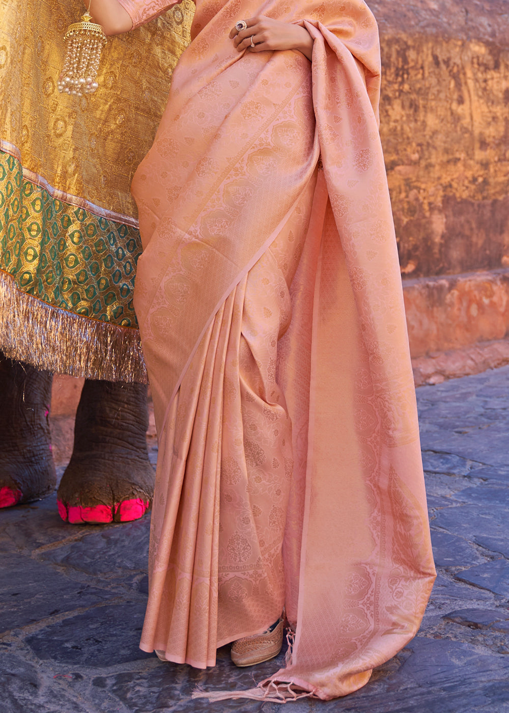 Apricot Peach kanjivaram Woven Silk Saree