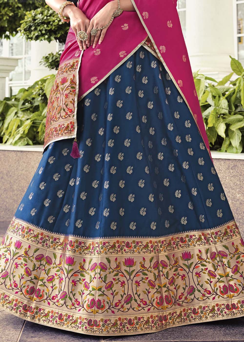 Biscay Blue and Pink Banarasi Silk Lehenga Choli